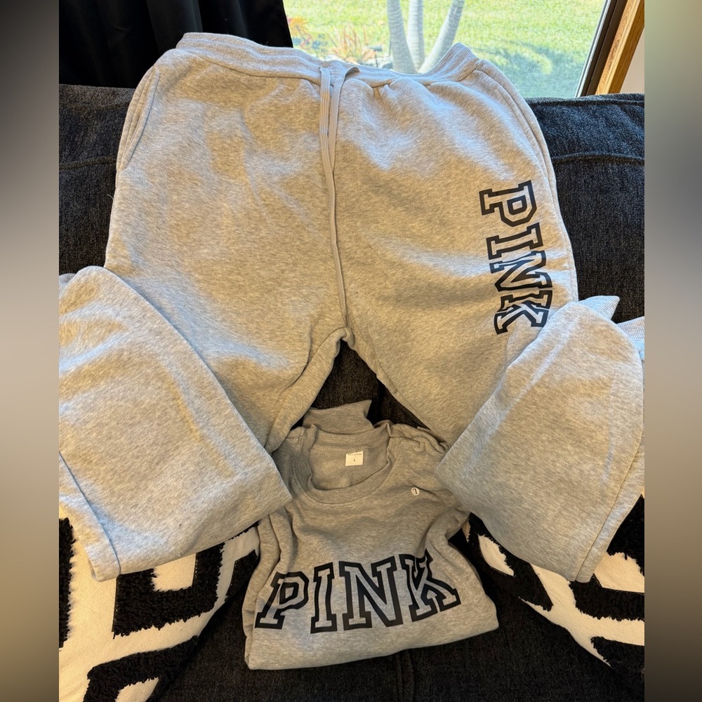 Women’s Pink Letters Print Crewneck Sweatshirt and Drawstring Pants Lt Grey L - Picture 6 of 14